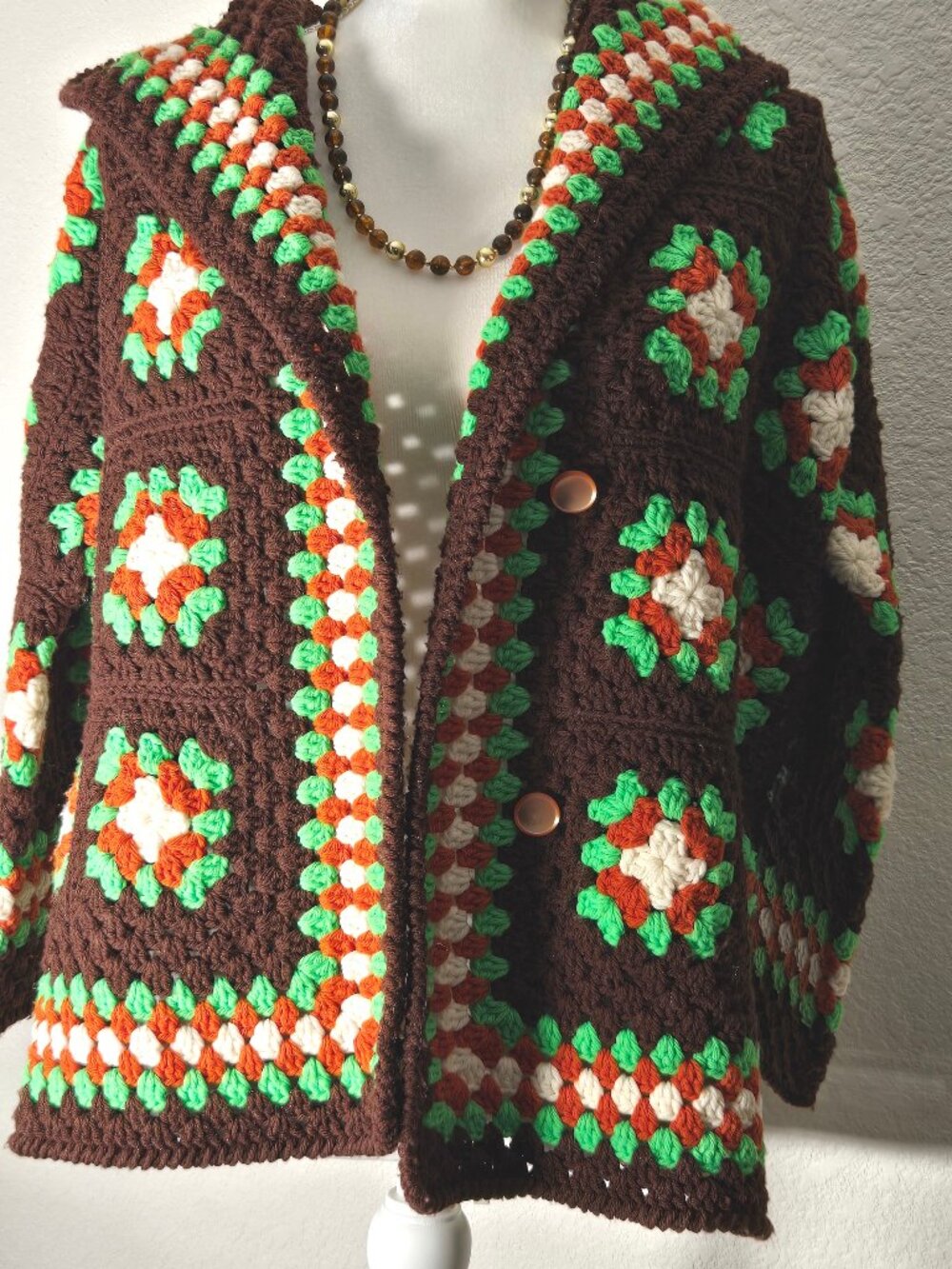 70s Vintage Granny Square Crochet Jacket with Hood | Handmade Boho Knit Coat